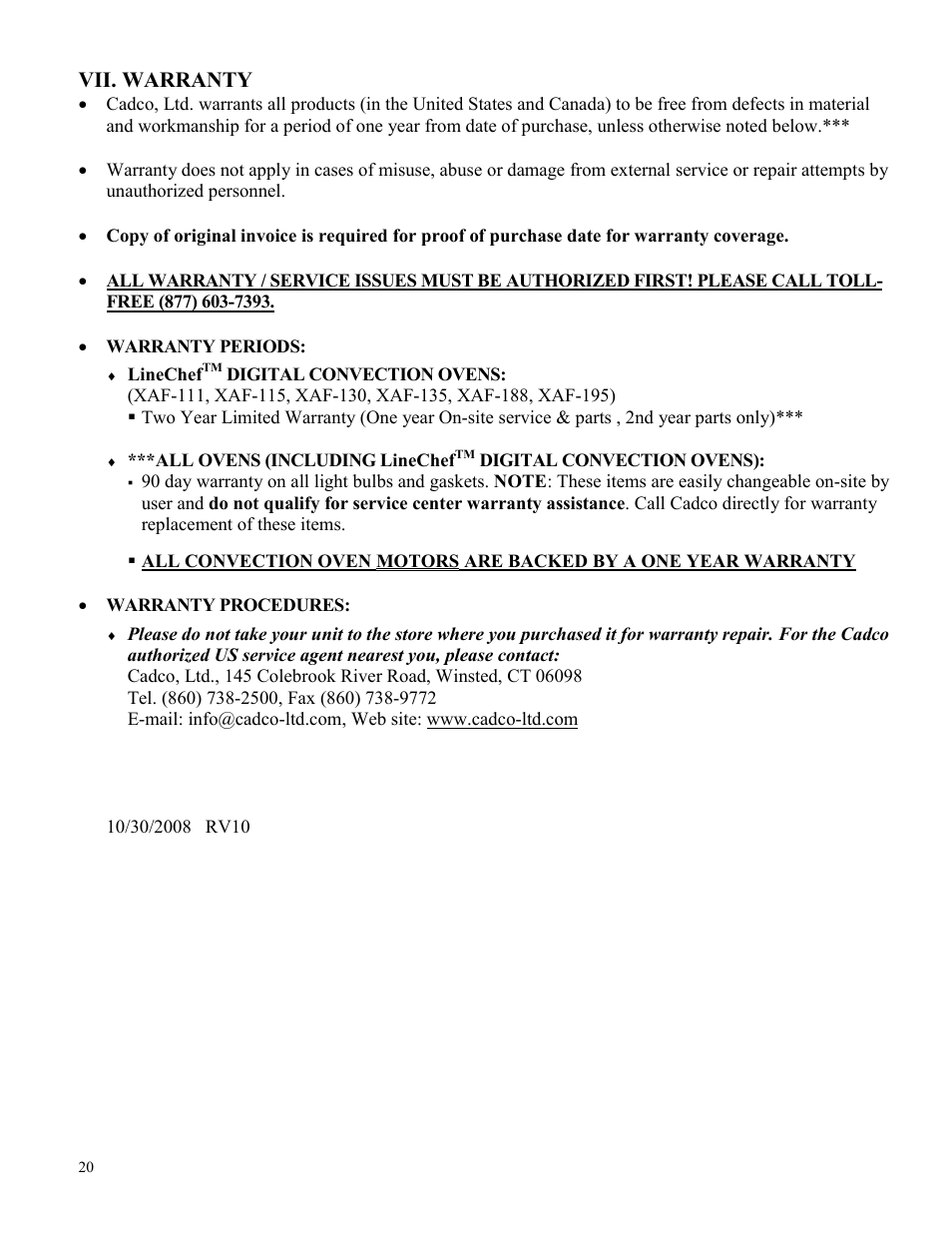 Vii. warranty | Cadco XAF-135 User Manual | Page 20 / 20