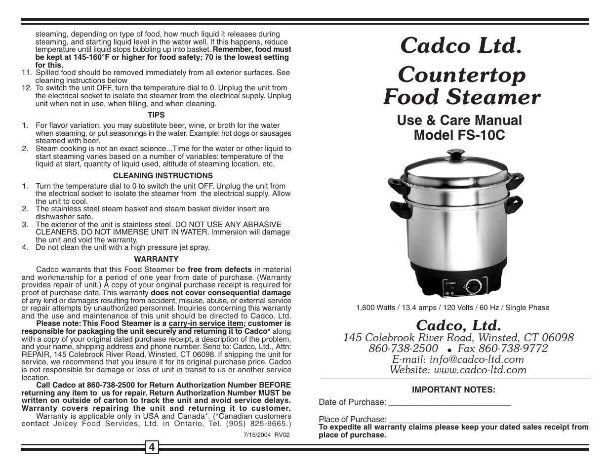 Cadco FS-10C User Manual | 2 pages