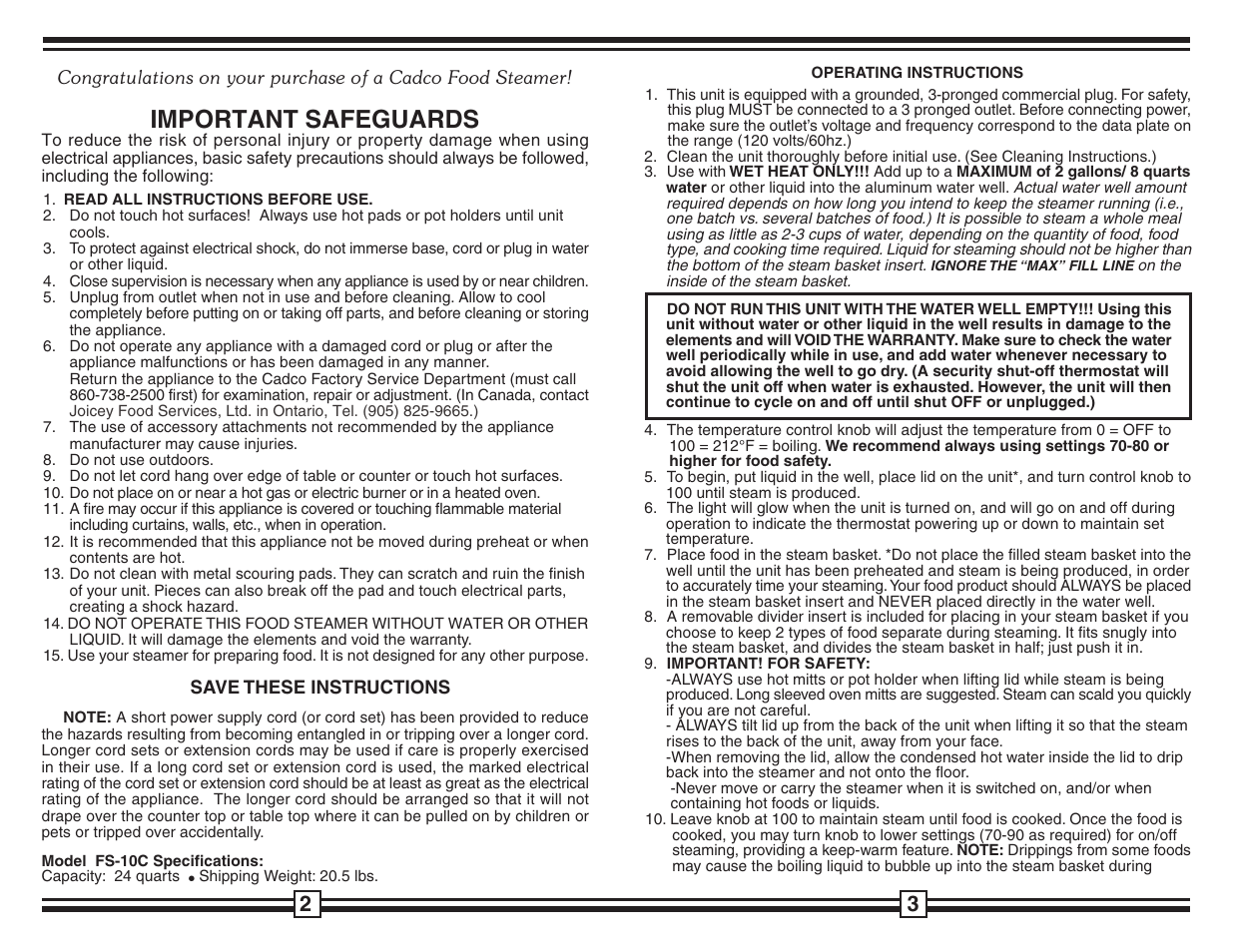 Important safeguards | Cadco FS-10C User Manual | Page 2 / 2