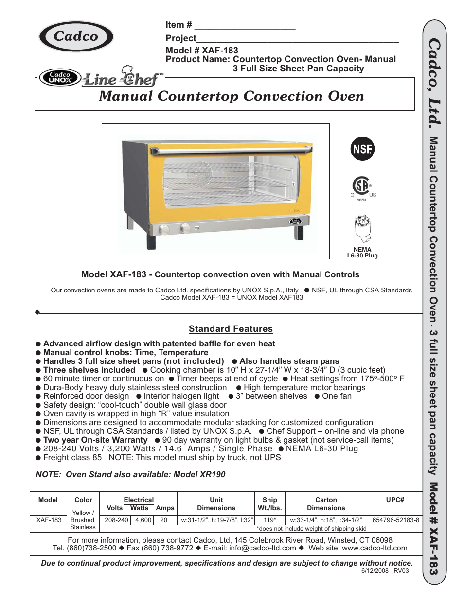 Cadco XAF-183 User Manual | 1 page