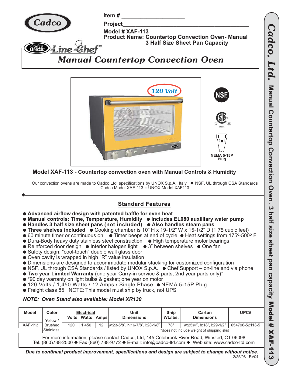 Cadco LINE CHEF XAF-113 User Manual | 1 page