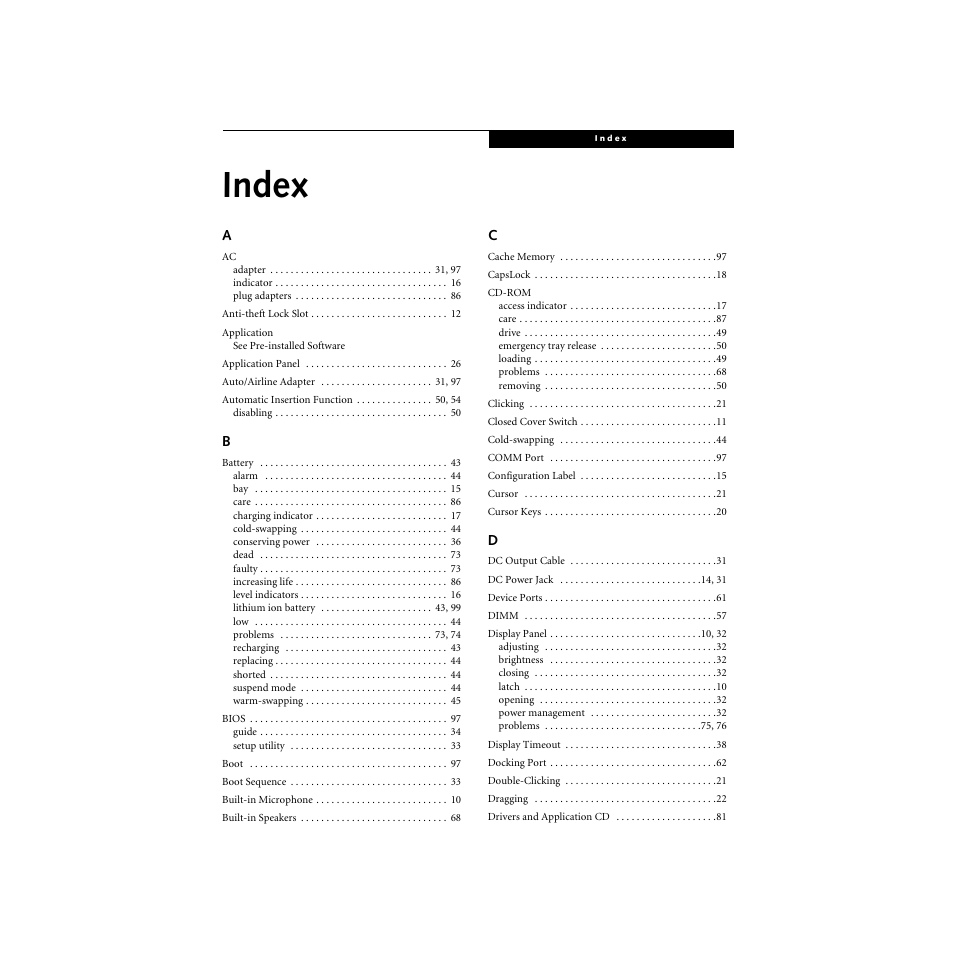 Index | FUJITSU S SERIES User Manual | Page 112 / 116