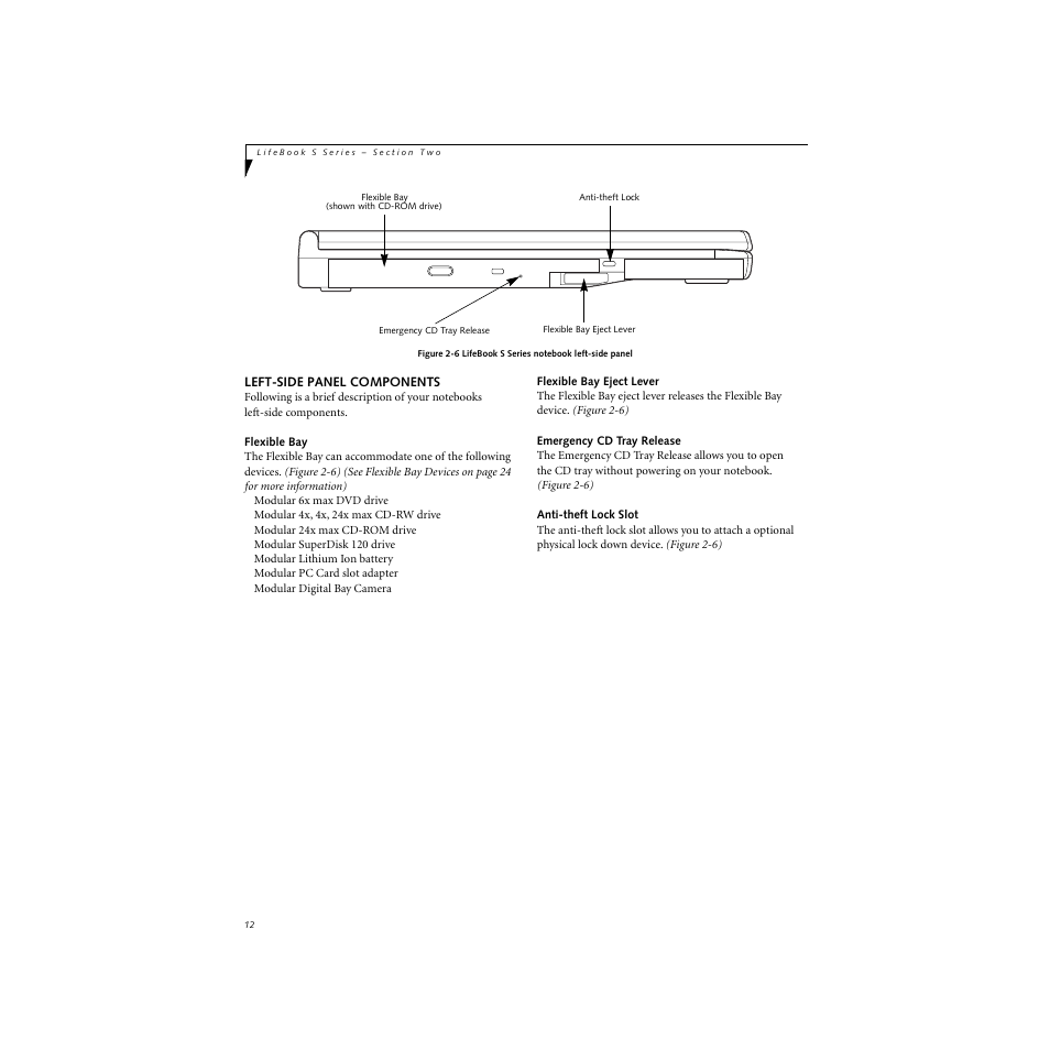 Left-side panel components, Flexible bay, Flexible bay eject lever | Emergency cd tray release, Anti-theft lock slot | FUJITSU S SERIES User Manual | Page 21 / 116