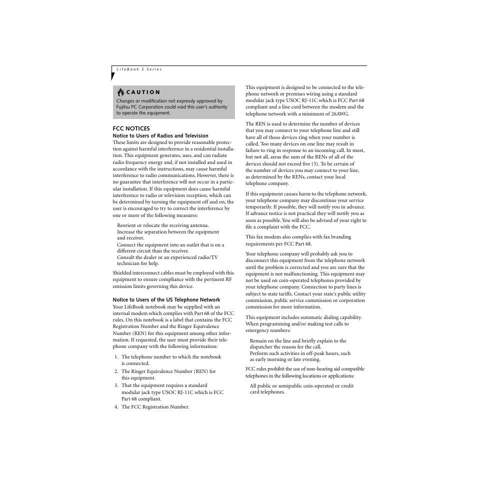 Fcc notices, Notice to users of the us telephone network | FUJITSU S SERIES User Manual | Page 3 / 116