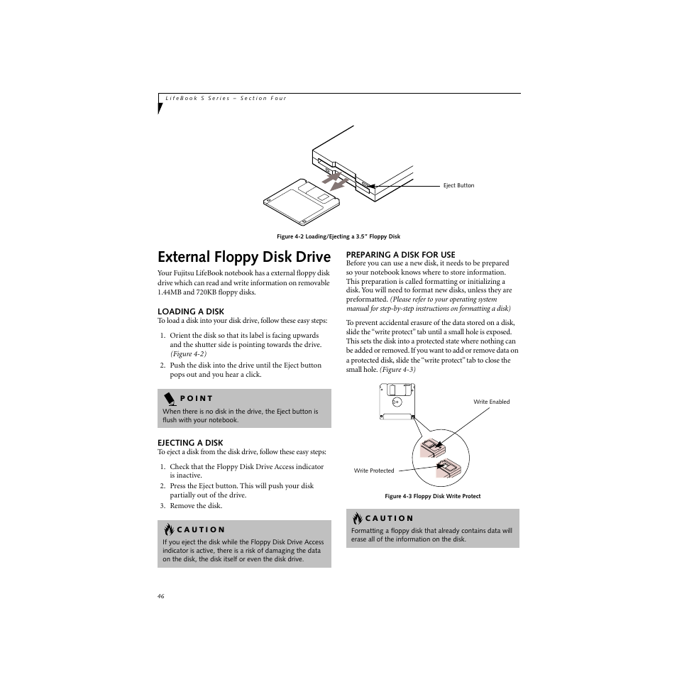 External floppy disk drive, Loading a disk, Ejecting a disk | Preparing a disk for use | FUJITSU S SERIES User Manual | Page 55 / 116