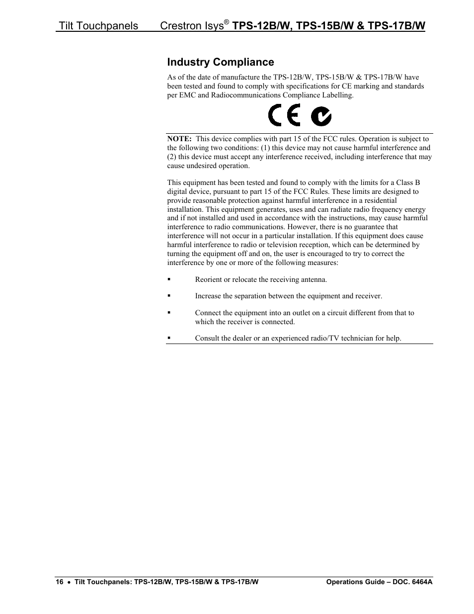 Industry compliance, Tilt touchpanels crestron isys | Crestron electronic TPS-17B/W User Manual | Page 20 / 62