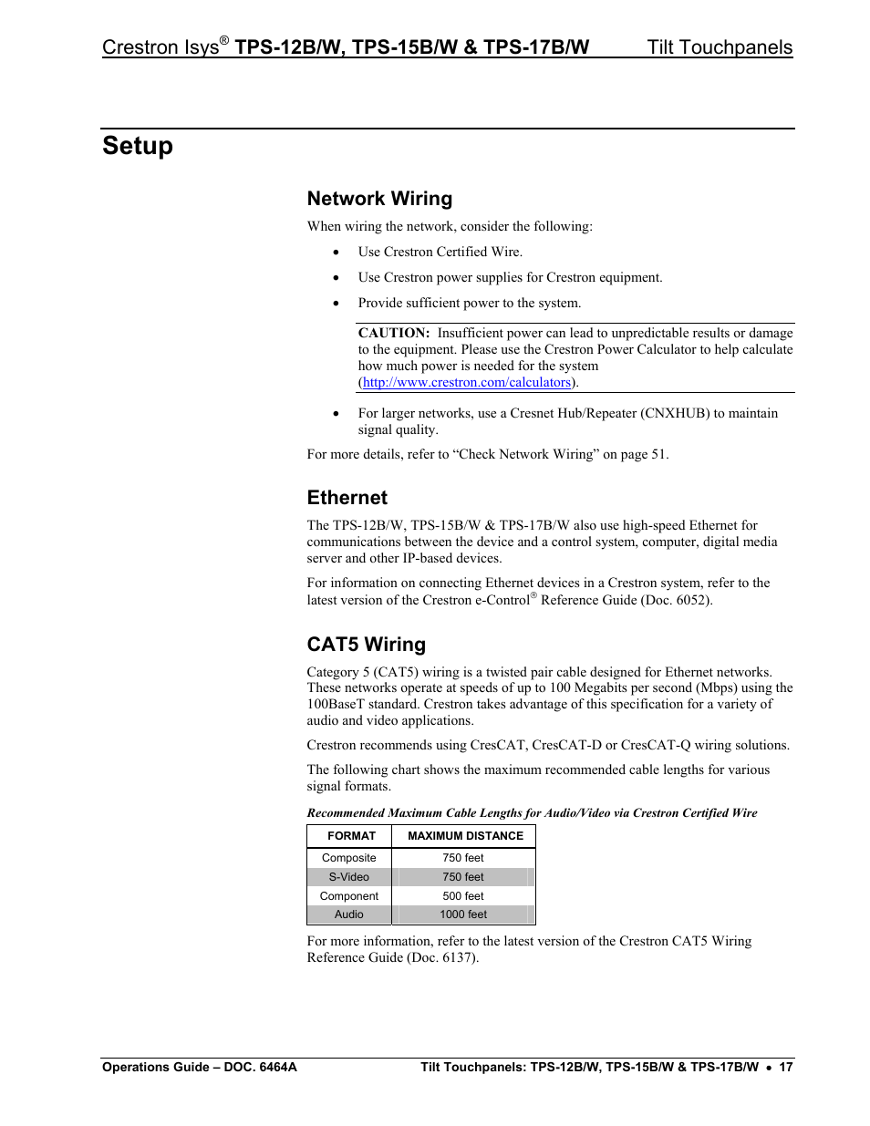 Setup, Network wiring, Ethernet | Cat5 wiring, Crestron isys | Crestron electronic TPS-17B/W User Manual | Page 21 / 62
