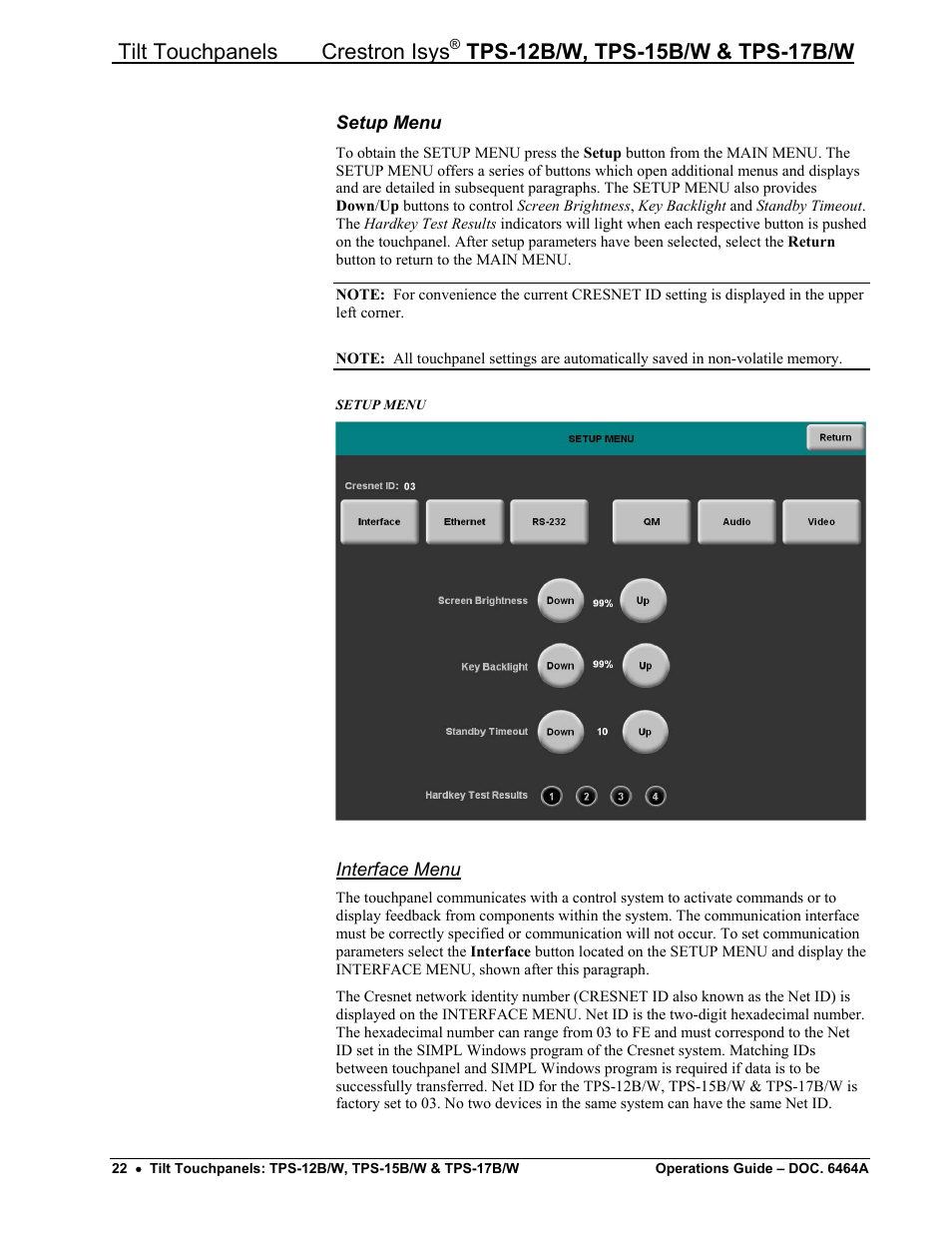 Setup menu, Interface menu, Tilt touchpanels crestron isys | Crestron electronic TPS-17B/W User Manual | Page 26 / 62
