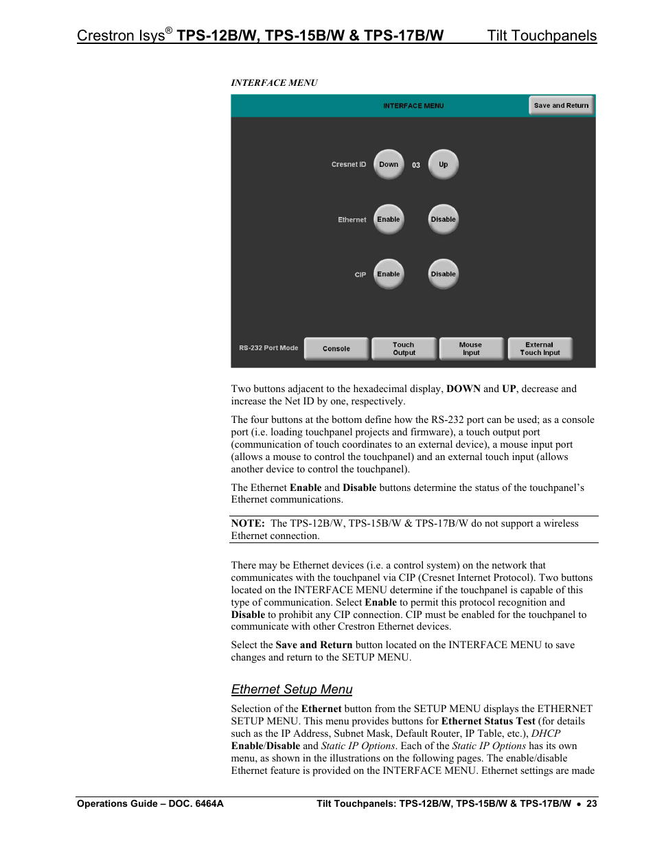 Ethernet setup menu, Crestron isys | Crestron electronic TPS-17B/W User Manual | Page 27 / 62
