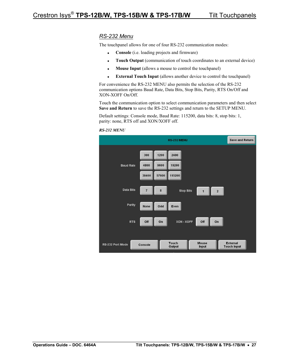 Rs-232 menu, Crestron isys | Crestron electronic TPS-17B/W User Manual | Page 31 / 62