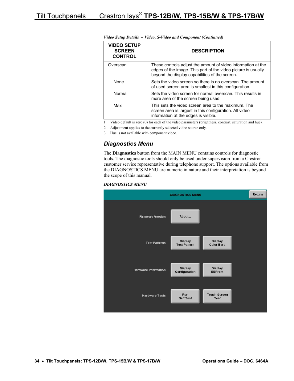 Diagnostics menu, Tilt touchpanels crestron isys | Crestron electronic TPS-17B/W User Manual | Page 38 / 62