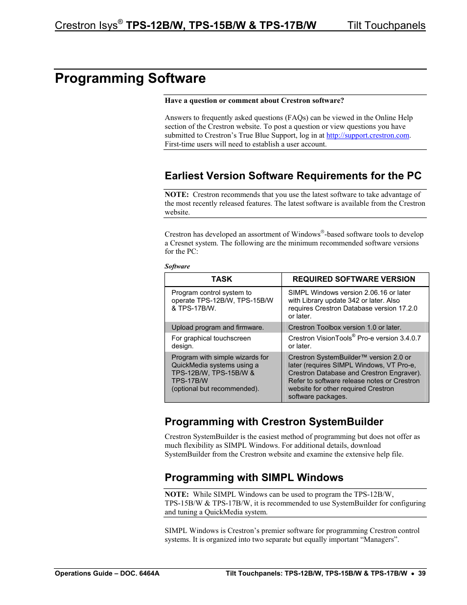 Programming software, Earliest version software requirements for the pc, Programming with crestron systembuilder | Programming with simpl windows, Crestron isys | Crestron electronic TPS-17B/W User Manual | Page 43 / 62