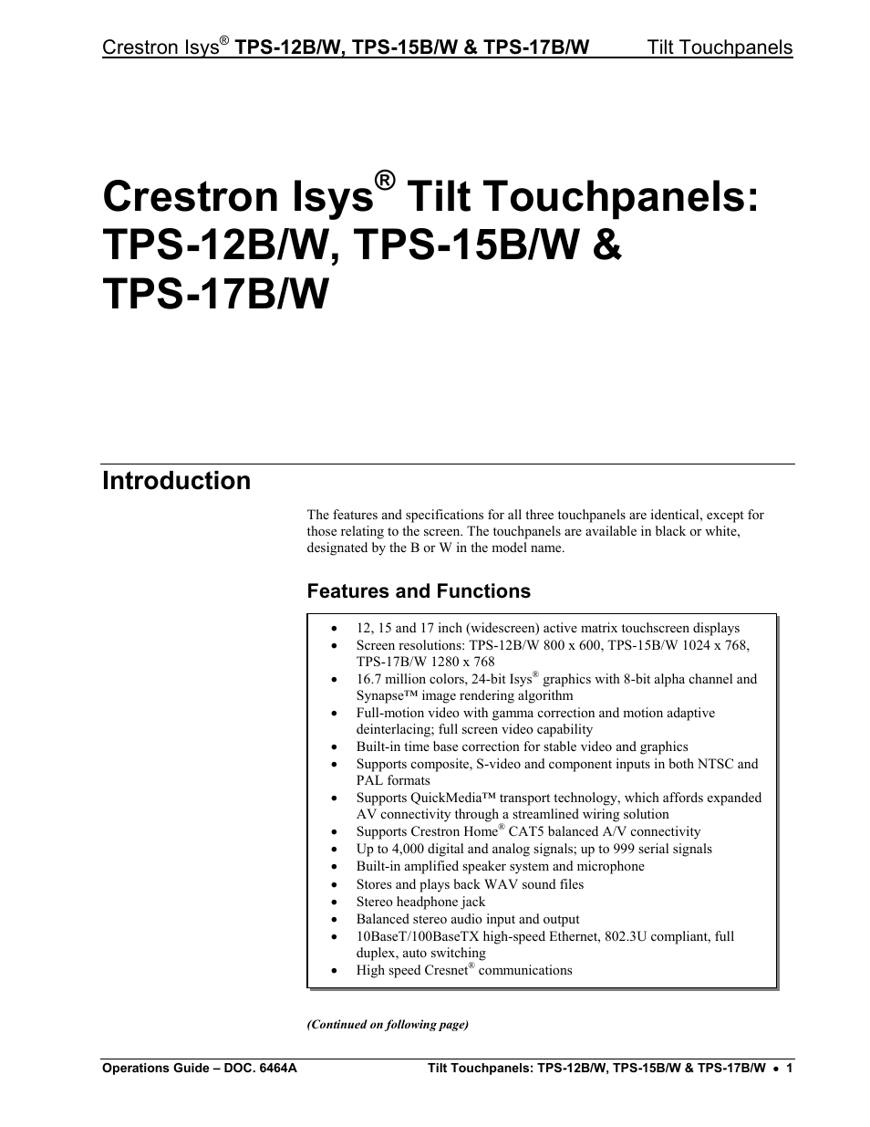 Crestron isys® tilt touchpanels: tps-12b/w, tps, Introduction, Features and functions | Crestron isys | Crestron electronic TPS-17B/W User Manual | Page 5 / 62