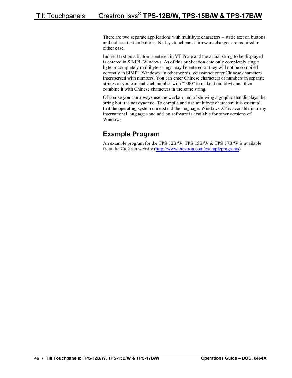 Example program, Tilt touchpanels crestron isys | Crestron electronic TPS-17B/W User Manual | Page 50 / 62