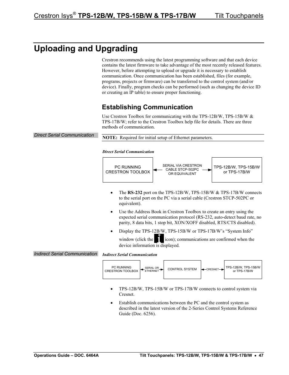 Uploading and upgrading, Establishing communication, Crestron isys | Crestron electronic TPS-17B/W User Manual | Page 51 / 62