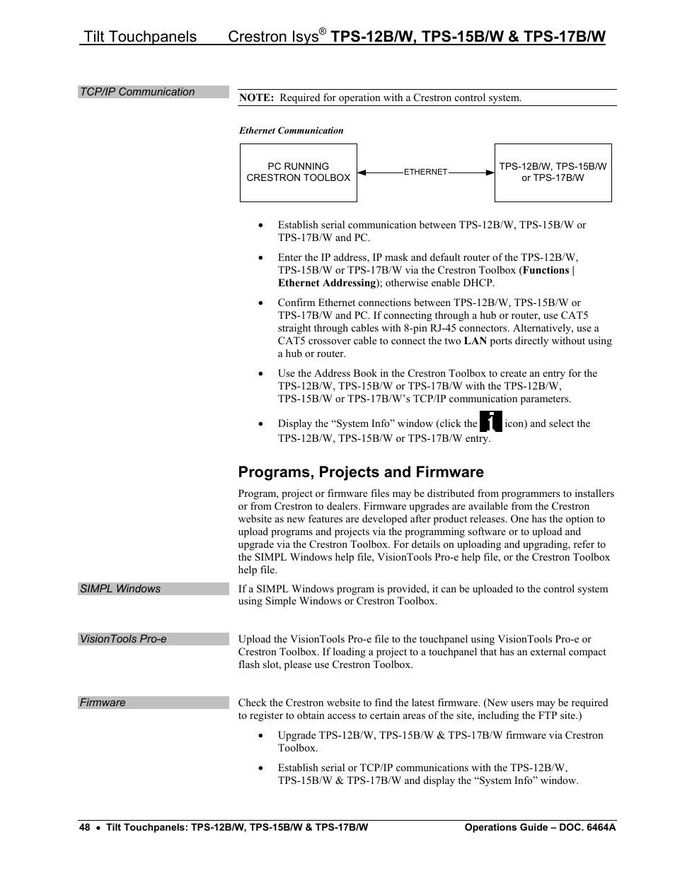Programs, projects and firmware, Tilt touchpanels crestron isys | Crestron electronic TPS-17B/W User Manual | Page 52 / 62
