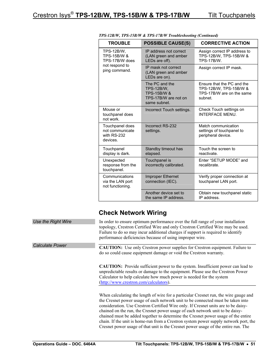 Check network wiring, Crestron isys | Crestron electronic TPS-17B/W User Manual | Page 55 / 62