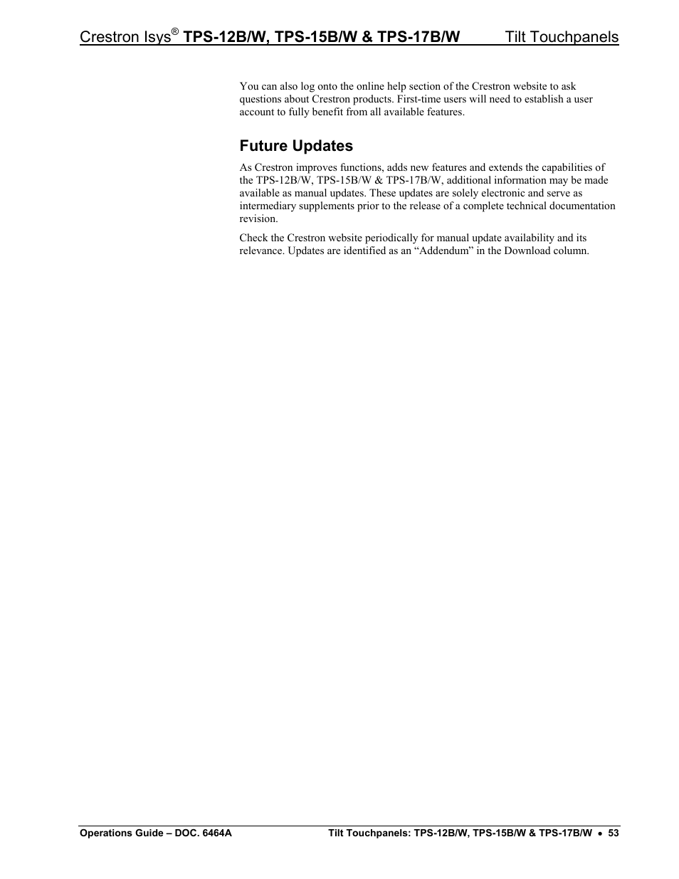 Future updates, Crestron isys | Crestron electronic TPS-17B/W User Manual | Page 57 / 62