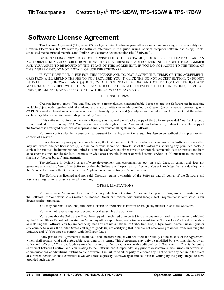 Software license agreement, Tilt touchpanels crestron isys | Crestron electronic TPS-17B/W User Manual | Page 58 / 62