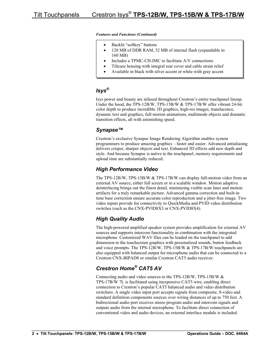 Isys, Synapse, High performance video | High quality audio, Crestron home® cat5 av, Tilt touchpanels crestron isys | Crestron electronic TPS-17B/W User Manual | Page 6 / 62