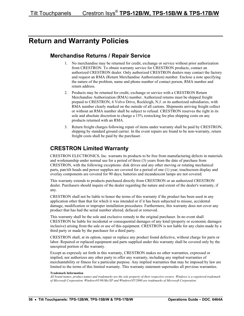 Return and warranty policies, Merchandise returns / repair service, Crestron limited warranty | Tilt touchpanels crestron isys | Crestron electronic TPS-17B/W User Manual | Page 60 / 62