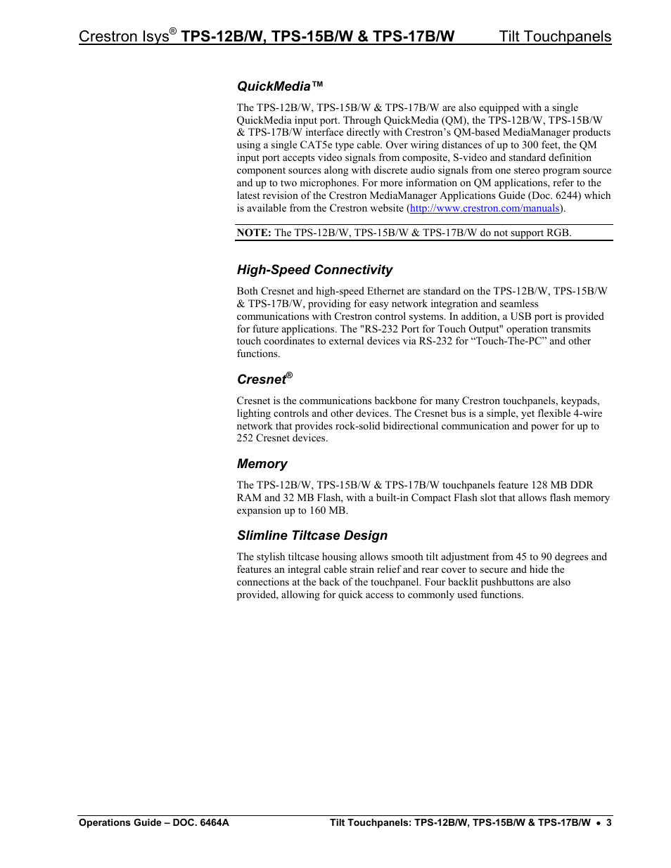 Quickmedia, High-speed connectivity, Cresnet | Memory, Slimline tiltcase design, Crestron isys | Crestron electronic TPS-17B/W User Manual | Page 7 / 62