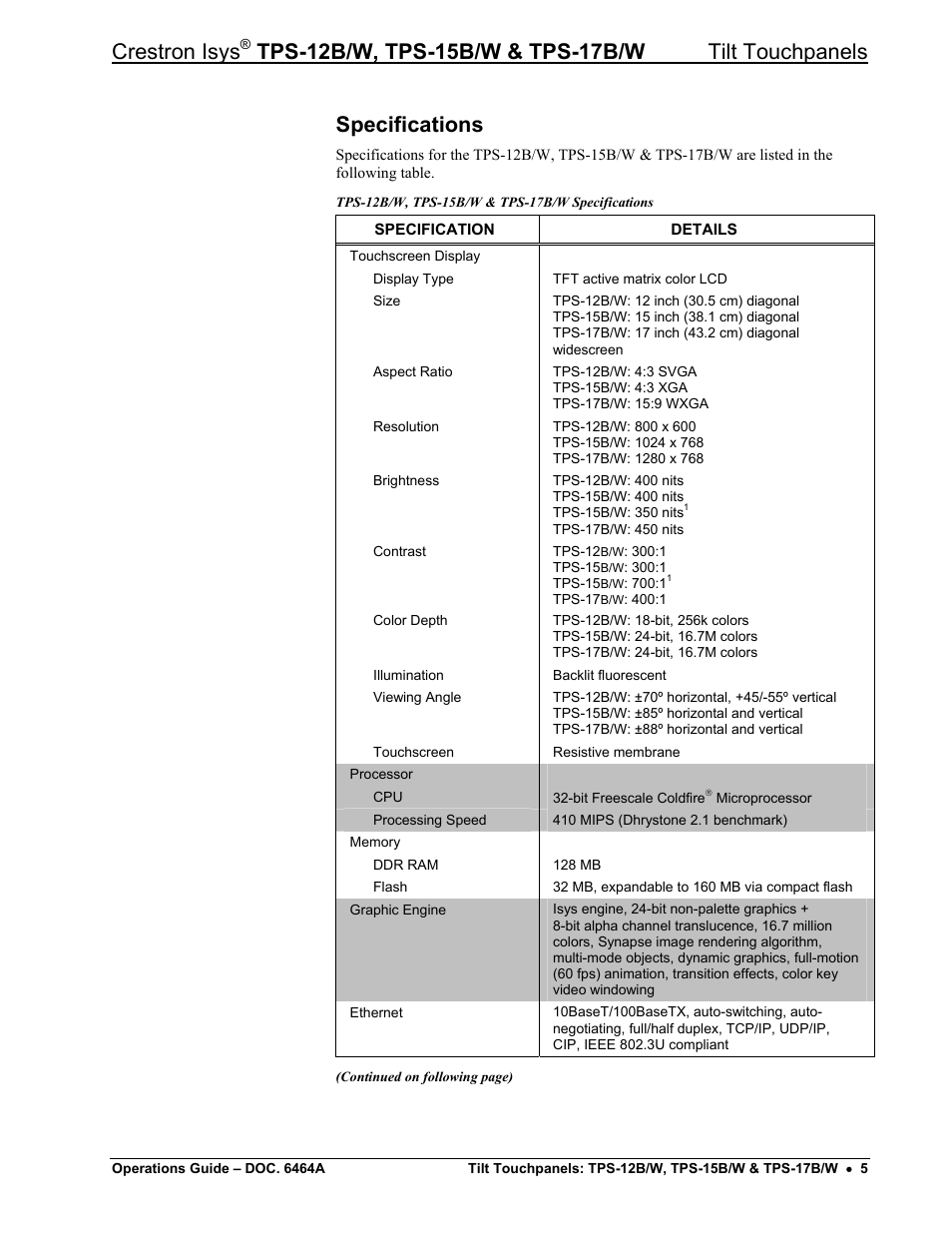 Specifications, Crestron isys | Crestron electronic TPS-17B/W User Manual | Page 9 / 62