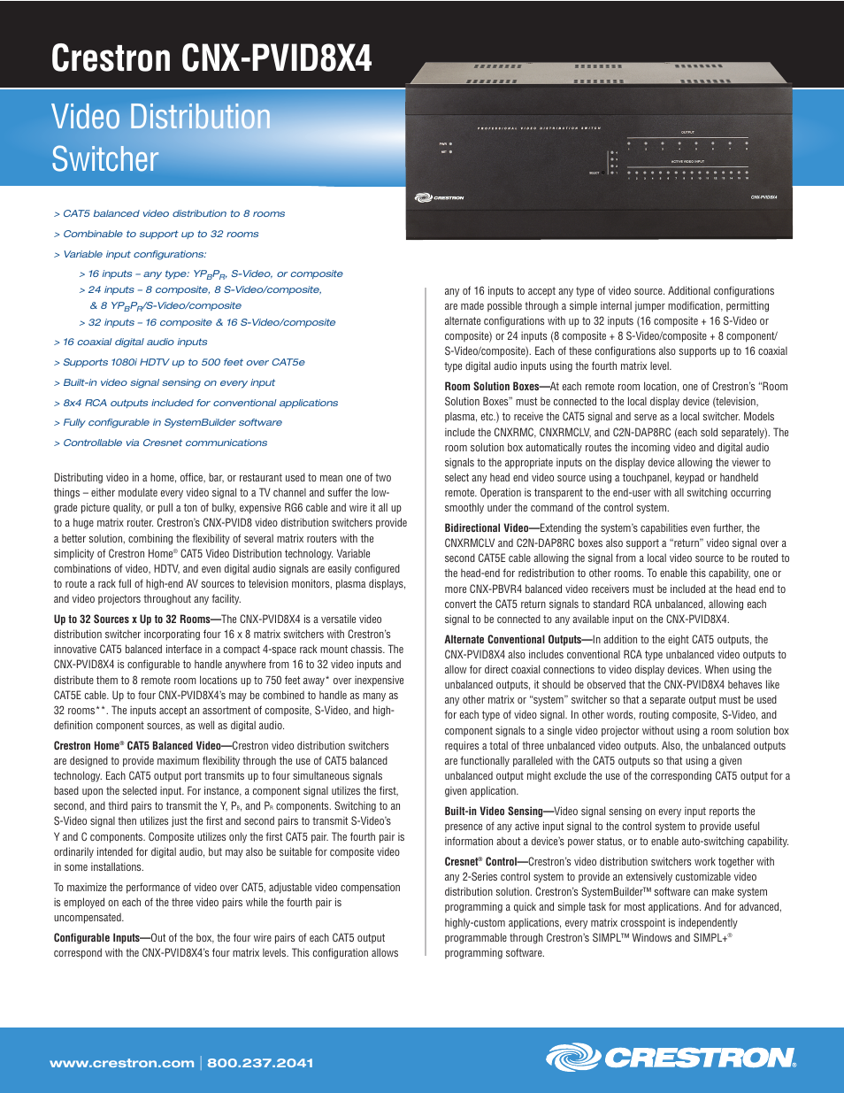 Crestron electronic CNX-PVID8x4 User Manual | 2 pages