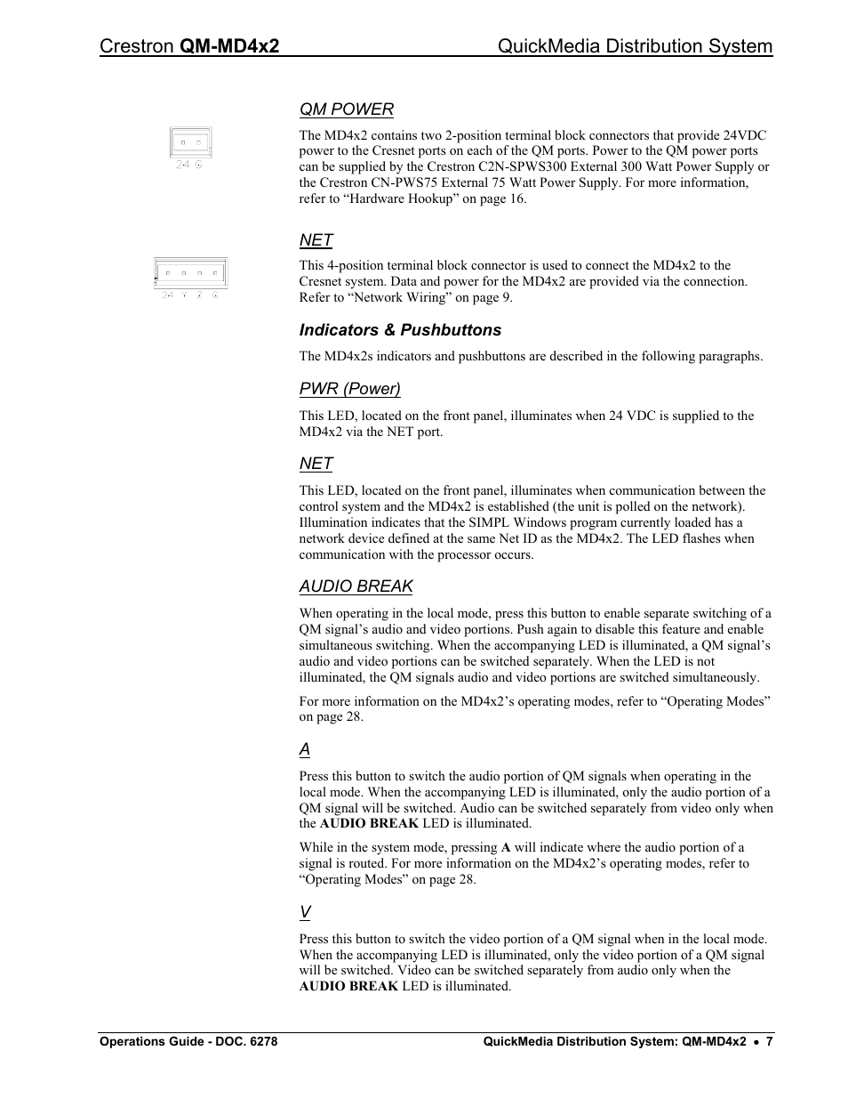 Indicators & pushbuttons, Crestron qm-md4x2 quickmedia distribution system | Crestron electronic QUICK MEDIA DISTRIBUTION CENTER QM-MD4X2 User Manual | Page 11 / 40