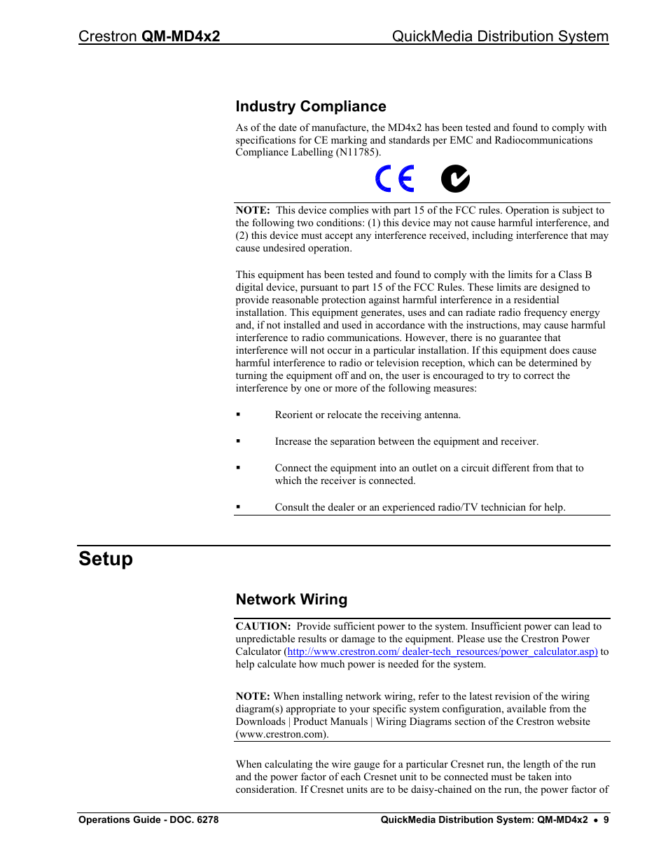 Industry compliance, Setup, Network wiring | Crestron qm-md4x2 quickmedia distribution system | Crestron electronic QUICK MEDIA DISTRIBUTION CENTER QM-MD4X2 User Manual | Page 13 / 40