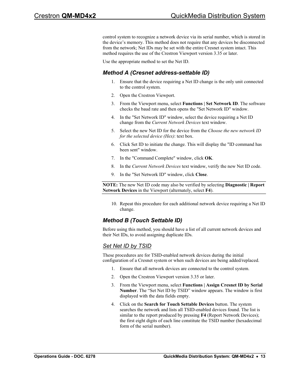 Method a (cresnet address-settable id), Method b (touch settable id), Crestron qm-md4x2 quickmedia distribution system | Crestron electronic QUICK MEDIA DISTRIBUTION CENTER QM-MD4X2 User Manual | Page 17 / 40