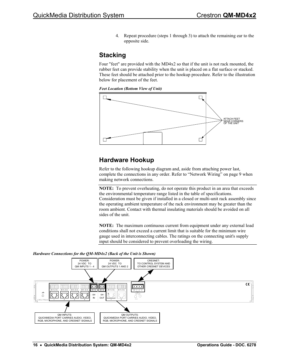 Stacking, Hardware hookup, Quickmedia distribution system crestron qm-md4x2 | Feet location (bottom view of unit) | Crestron electronic QUICK MEDIA DISTRIBUTION CENTER QM-MD4X2 User Manual | Page 20 / 40