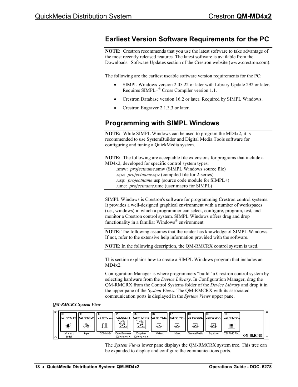 Earliest version software requirements for the pc, Programming with simpl windows, Quickmedia distribution system crestron qm-md4x2 | Crestron electronic QUICK MEDIA DISTRIBUTION CENTER QM-MD4X2 User Manual | Page 22 / 40