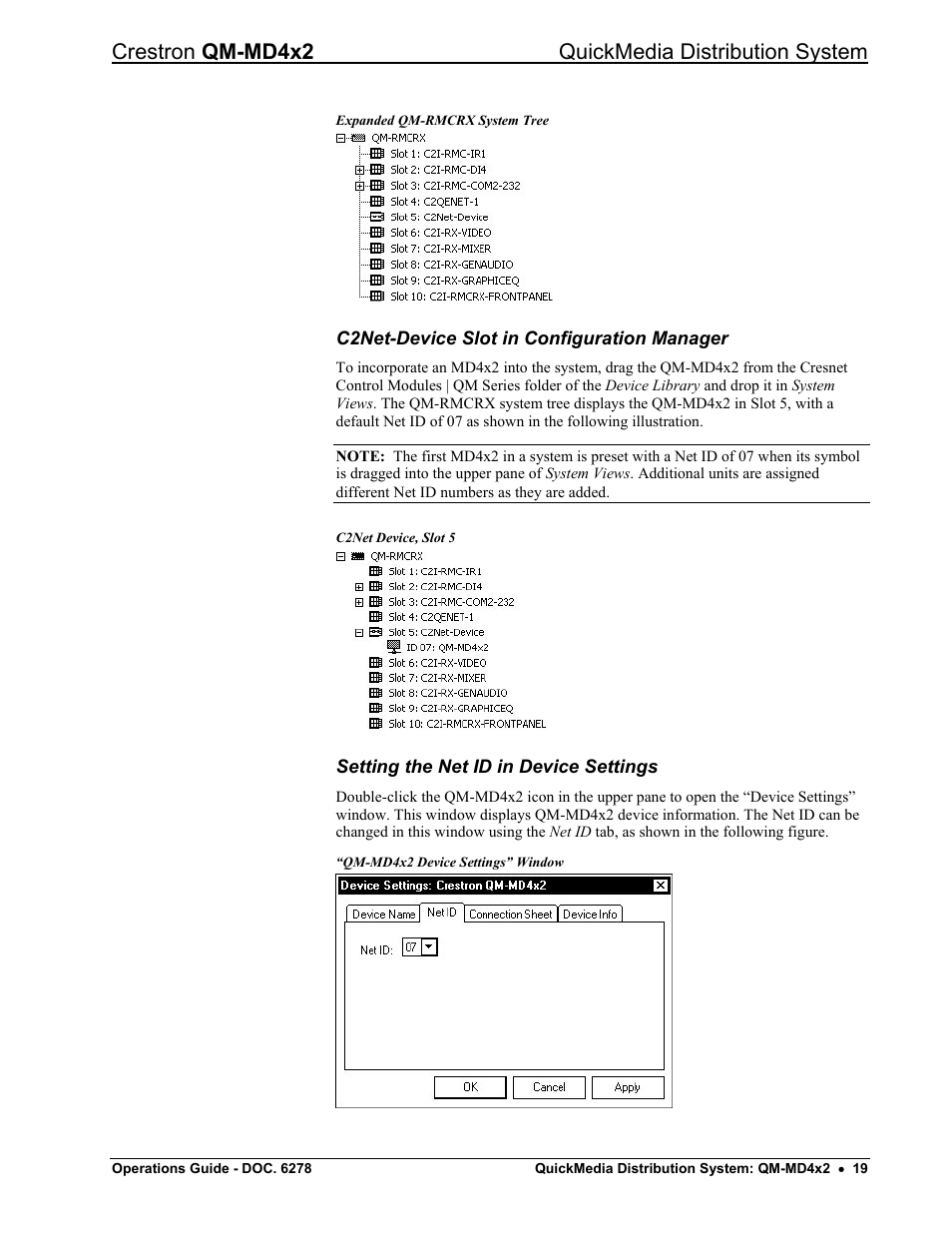 C2net-device slot in configuration manager, Setting the net id in device settings, Crestron qm-md4x2 quickmedia distribution system | Crestron electronic QUICK MEDIA DISTRIBUTION CENTER QM-MD4X2 User Manual | Page 23 / 40