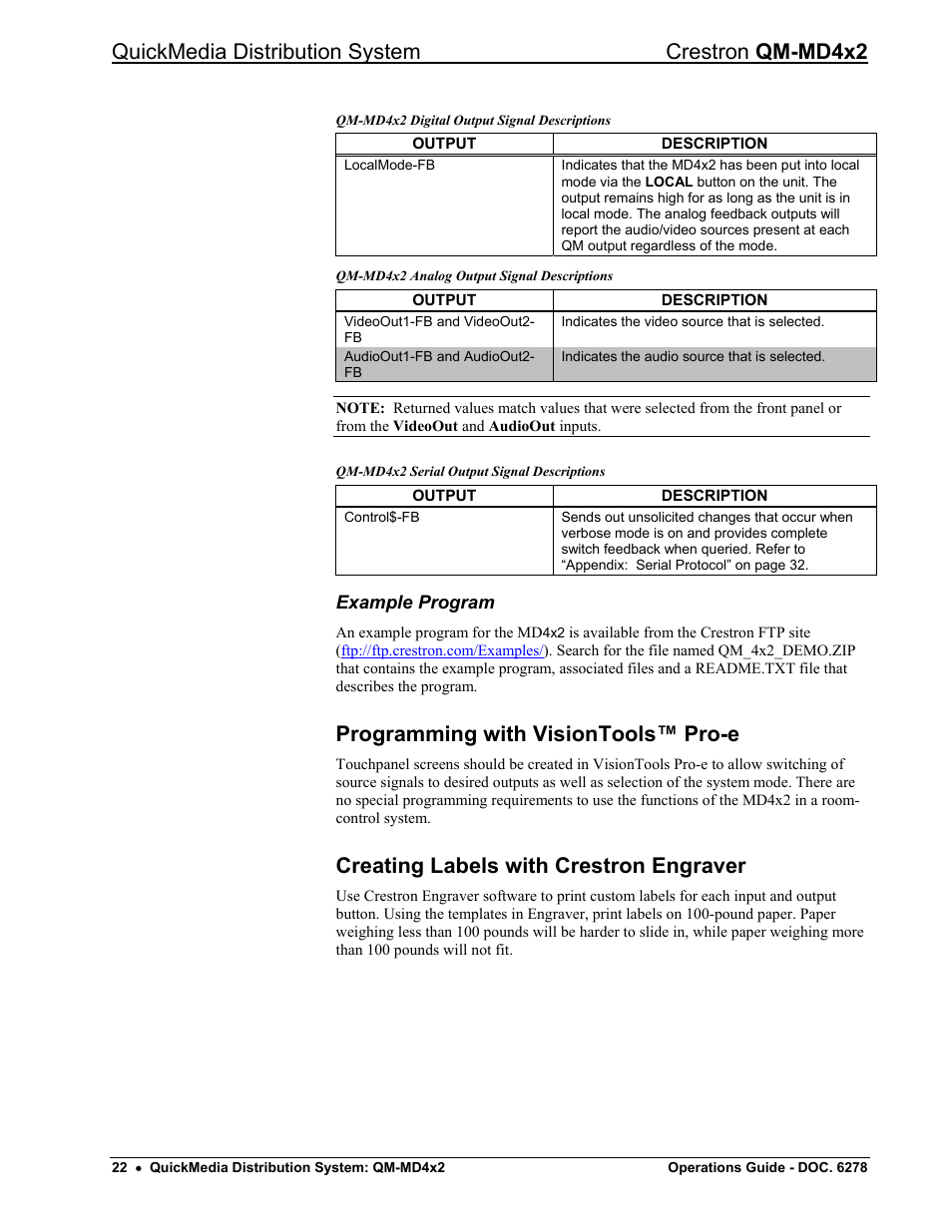 Example program, Programming with visiontools™ pro-e, Creating labels with crestron engraver | Quickmedia distribution system crestron qm-md4x2 | Crestron electronic QUICK MEDIA DISTRIBUTION CENTER QM-MD4X2 User Manual | Page 26 / 40