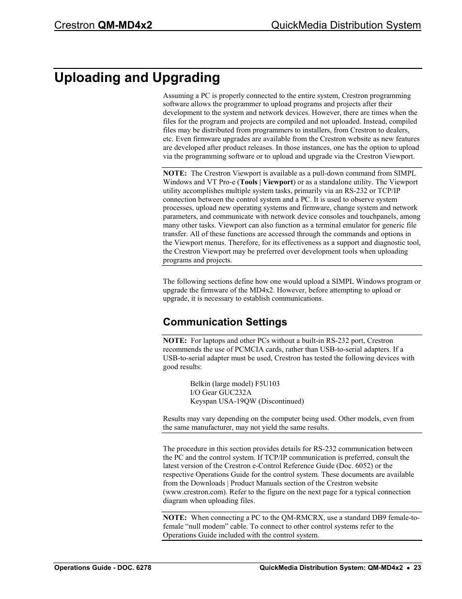 Uploading and upgrading, Communication settings, Crestron qm-md4x2 quickmedia distribution system | Crestron electronic QUICK MEDIA DISTRIBUTION CENTER QM-MD4X2 User Manual | Page 27 / 40