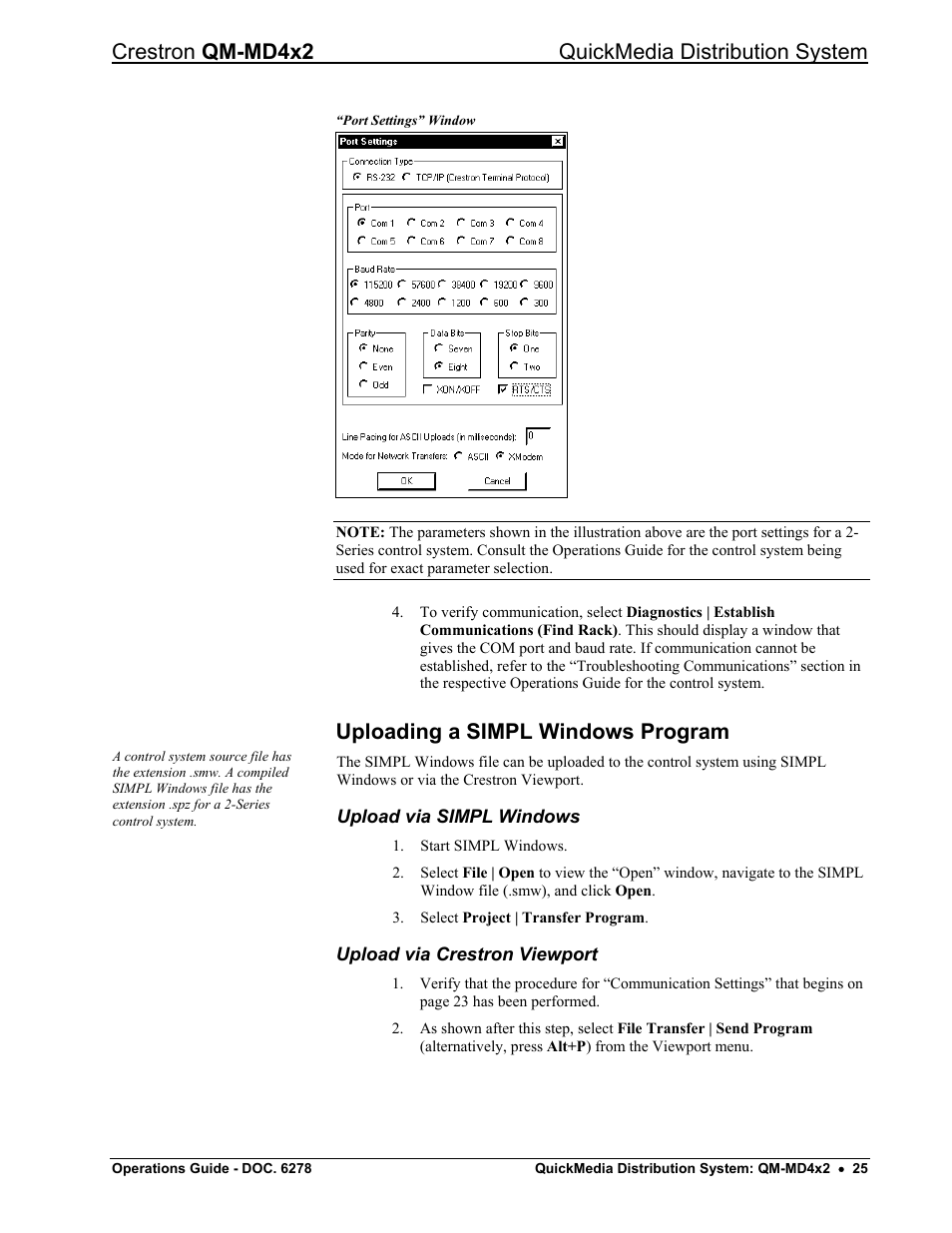 Uploading a simpl windows program, Upload via simpl windows, Upload via crestron viewport | Crestron qm-md4x2 quickmedia distribution system | Crestron electronic QUICK MEDIA DISTRIBUTION CENTER QM-MD4X2 User Manual | Page 29 / 40