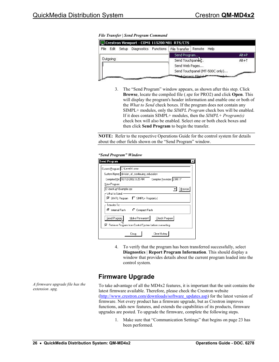 Firmware upgrade, Quickmedia distribution system crestron qm-md4x2 | Crestron electronic QUICK MEDIA DISTRIBUTION CENTER QM-MD4X2 User Manual | Page 30 / 40