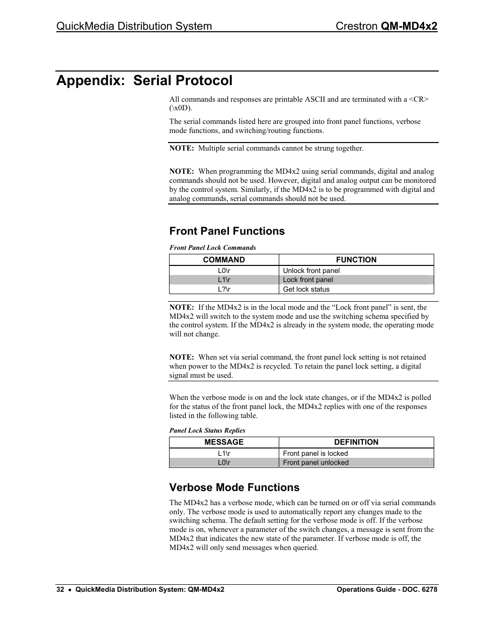 Appendix: serial protocol, Front panel functions, Verbose mode functions | Quickmedia distribution system crestron qm-md4x2 | Crestron electronic QUICK MEDIA DISTRIBUTION CENTER QM-MD4X2 User Manual | Page 36 / 40