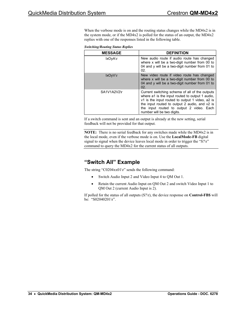 Switch all” example, Quickmedia distribution system crestron qm-md4x2 | Crestron electronic QUICK MEDIA DISTRIBUTION CENTER QM-MD4X2 User Manual | Page 38 / 40
