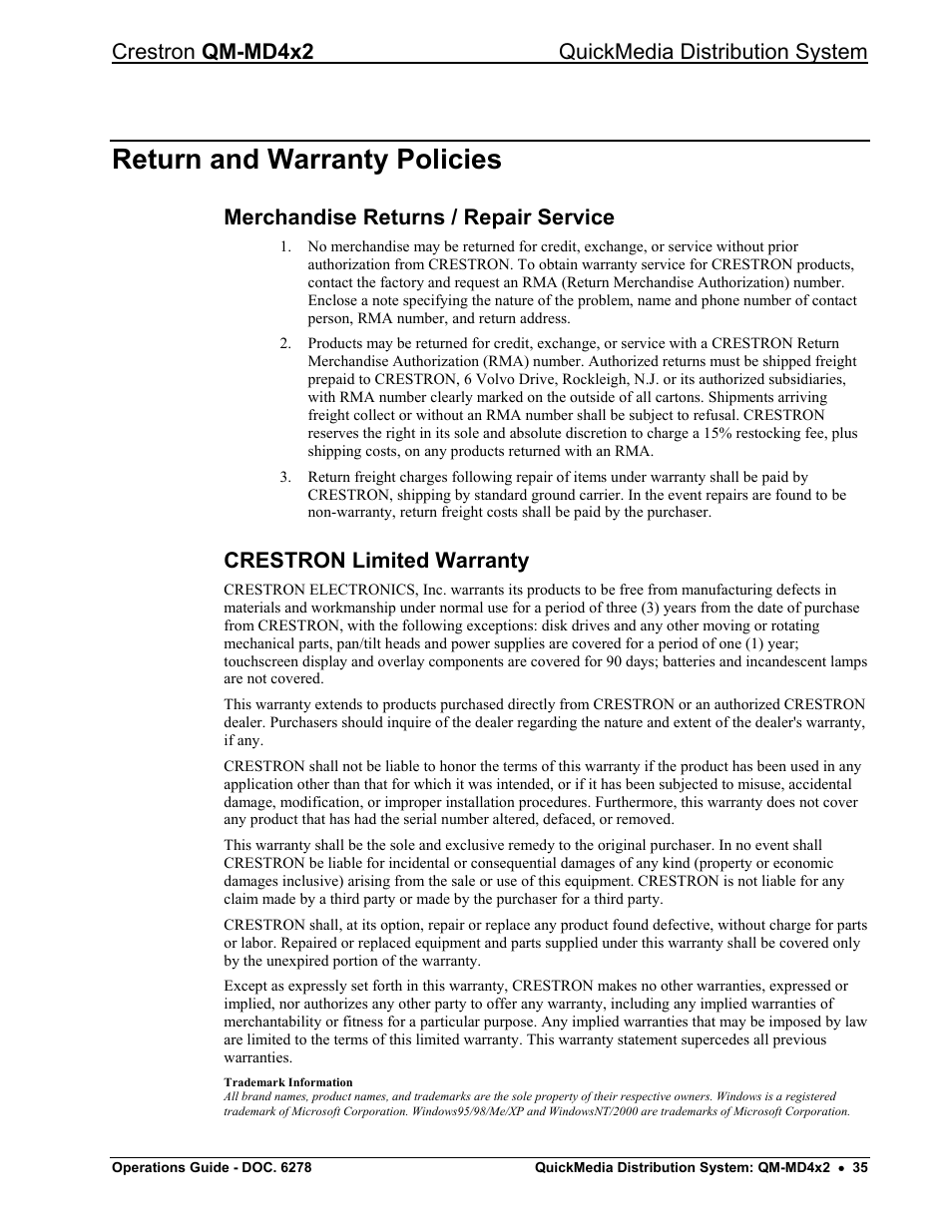 Return and warranty policies, Merchandise returns / repair service, Crestron limited warranty | Crestron qm-md4x2 quickmedia distribution system | Crestron electronic QUICK MEDIA DISTRIBUTION CENTER QM-MD4X2 User Manual | Page 39 / 40