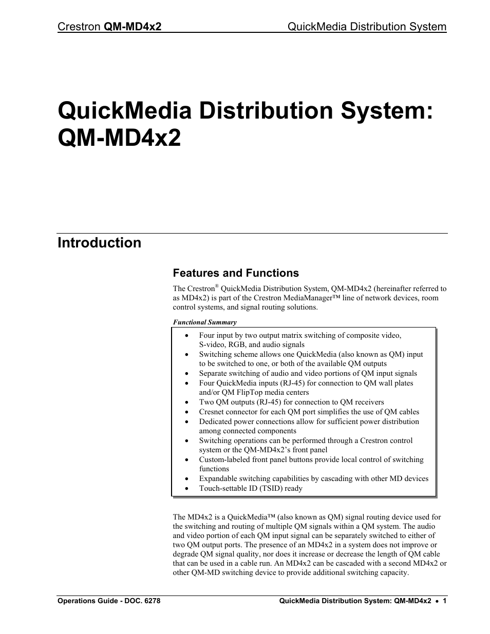 Quickmedia distribution system: qm-md4x2, Introduction, Features and functions | Crestron qm-md4x2 quickmedia distribution system | Crestron electronic QUICK MEDIA DISTRIBUTION CENTER QM-MD4X2 User Manual | Page 5 / 40