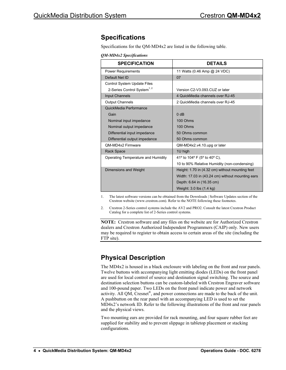 Specifications, Physical description, Quickmedia distribution system crestron qm-md4x2 | Crestron electronic QUICK MEDIA DISTRIBUTION CENTER QM-MD4X2 User Manual | Page 8 / 40