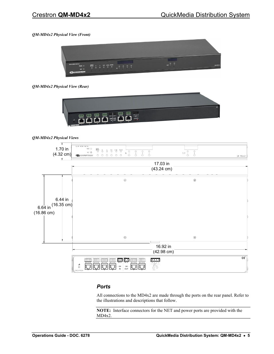 Ports, Crestron qm-md4x2 quickmedia distribution system, Qm-md4x2 physical view (front) | Qm-md4x2 physical view (rear), Qm-md4x2 physical views | Crestron electronic QUICK MEDIA DISTRIBUTION CENTER QM-MD4X2 User Manual | Page 9 / 40