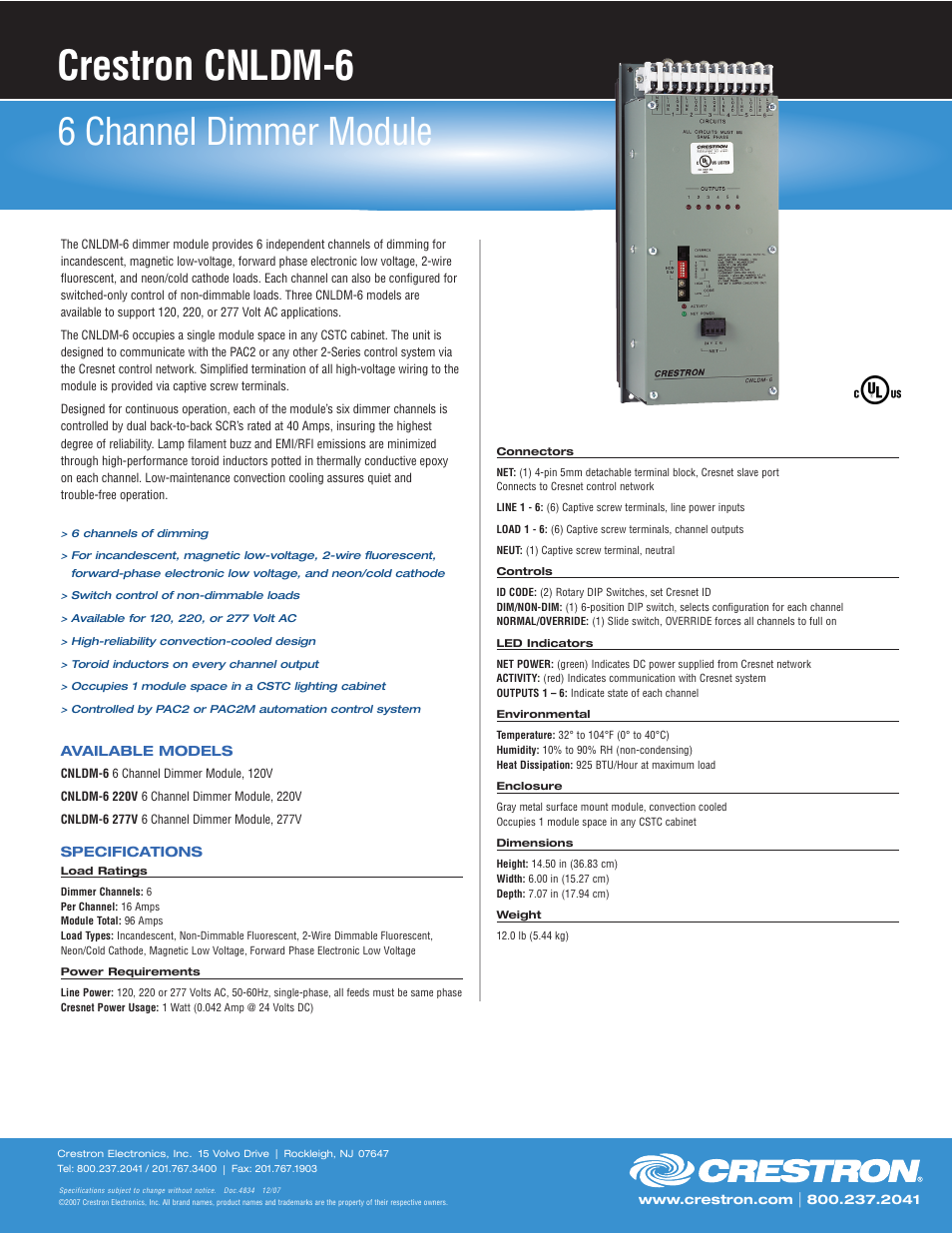 Crestron electronic 6 Channel Dimmer Module CNLDM-6 User Manual | 1 page