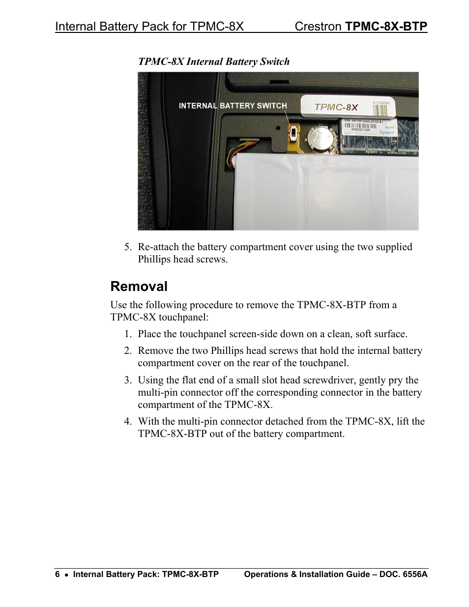 Removal | Crestron electronic TPMC-8X-BTP User Manual | Page 10 / 16