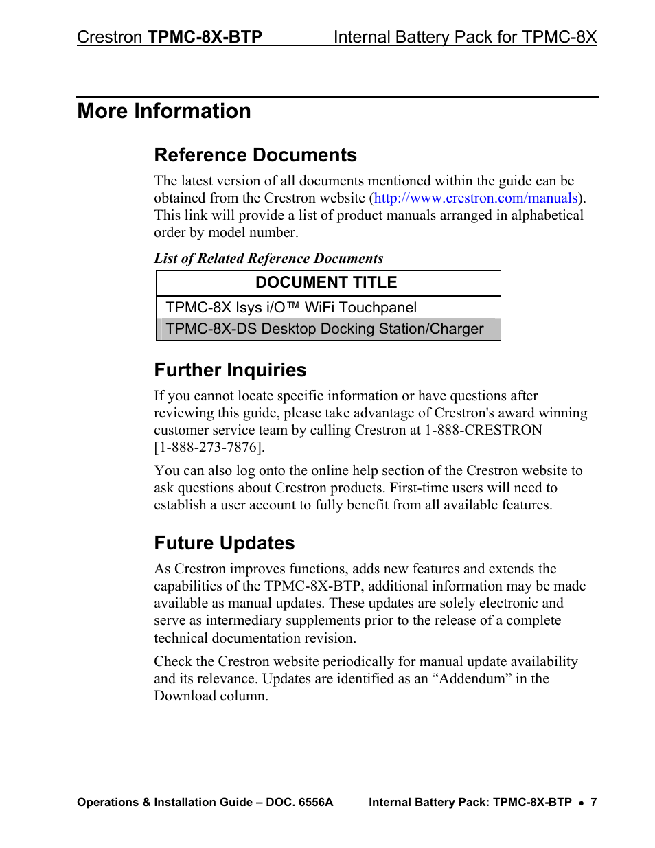 More information, Reference documents, Further inquiries | Future updates | Crestron electronic TPMC-8X-BTP User Manual | Page 11 / 16