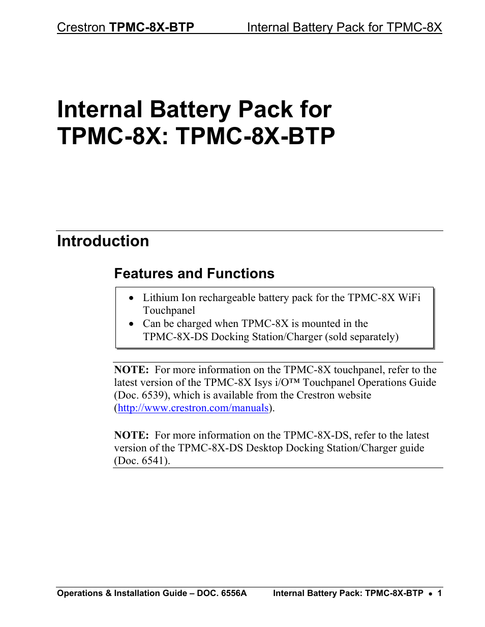 Internal battery pack for tpmc-8x: tpmc-8x-btp, Introduction, Features and functions | Crestron electronic TPMC-8X-BTP User Manual | Page 5 / 16