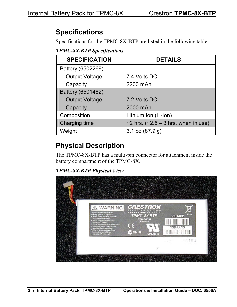 Specifications, Physical description | Crestron electronic TPMC-8X-BTP User Manual | Page 6 / 16