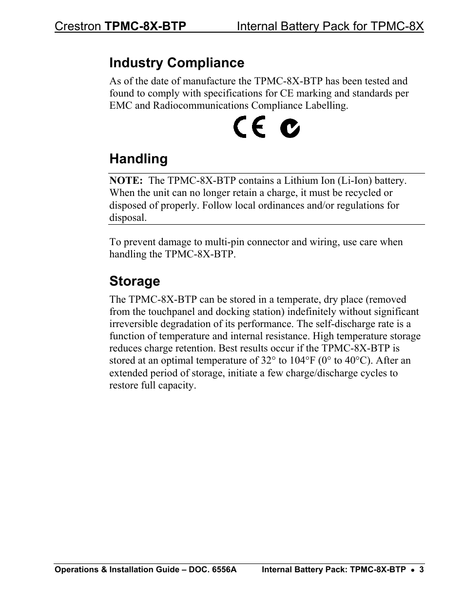 Industry compliance, Handling, Storage | Crestron electronic TPMC-8X-BTP User Manual | Page 7 / 16